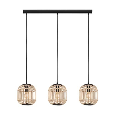 EGLO Pendelleuchte Bordesley, 3 flammige Hängelampe Vintage, Natur, Boho, Hygge, Hängeleuchte aus Stahl in Schwarz und Holz in Naturfarben, Esstischlampe, Wohnzimmerlampe hängend mit E27 Fassung