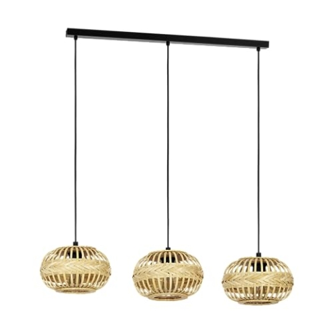 EGLO Pendellampe Amsfield 1, 3-flammige Pendelleuchte über Esstisch, Hängeleuchte aus Metall in Schwarz und Bambus in Braun, Holz Hängelampe mit E27 Fassung, L 96 cm