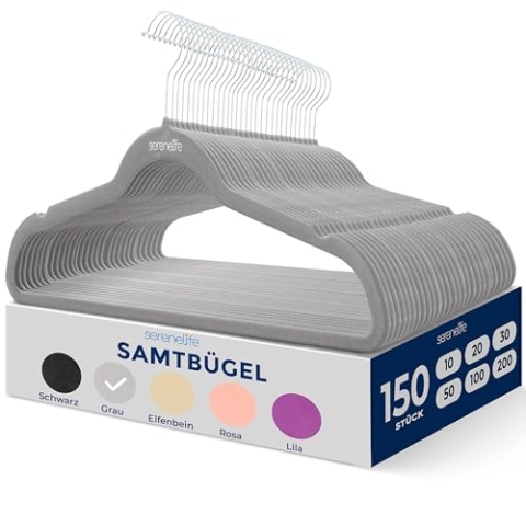 SereneLife Graue Kleiderbügel Samt 150 Stück, Kleiderhaken für Kleideraufbewahrung & Organisation, Hanger Clothes for Home, Bügel rutschfest & Platzsparend, Aufhänger 360° drehbarer Haken