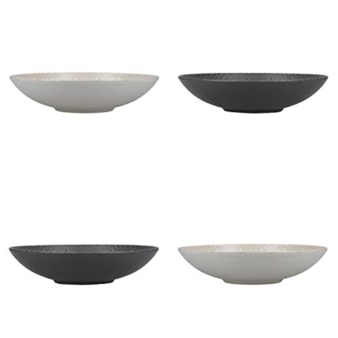 KitchenCraft Nudelschalen-Set mit 4 Stück in Geschenkbox, bleifreies glasiertes Steingut, geprägt in Grau / Schwarz, 22 cm, ideal für Ramen und Reis