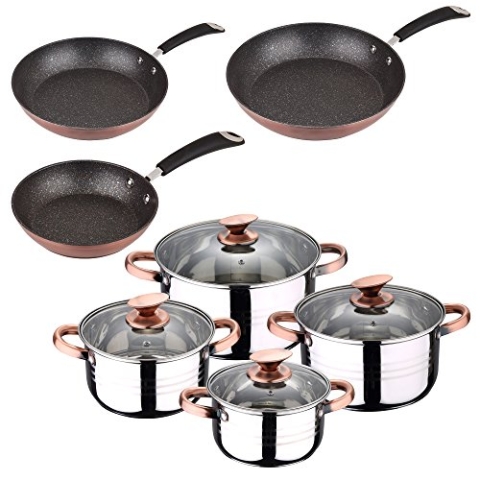 San Ignacio MOMA 8-teilig SIP und Set 3 Pfannen 20, 24 und 28 cm Kochgeschirr, Glas, Chrom, 20/24/28 + Bateria 8pzs