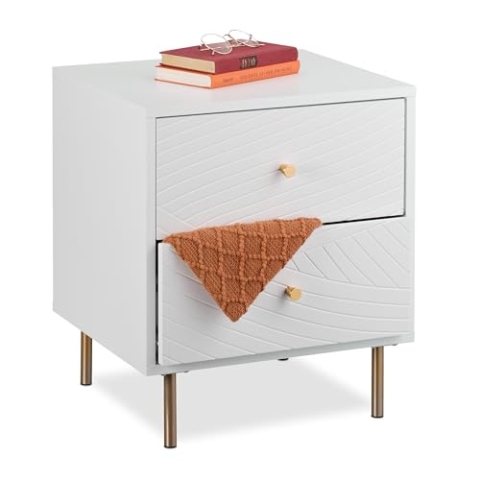 Relaxdays Nachttisch mit 2 Schubladen, Nachtschrank Schlafzimmer, Beistelltisch, Nachtkasten, HBT 52x45x40 cm, weiß/Gold