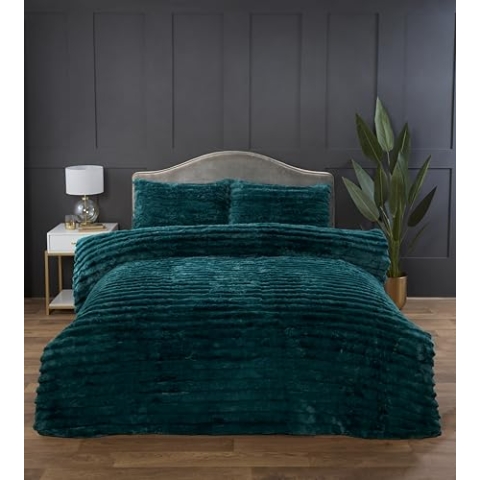 Rapport Home Grob Geripptes Premium-Bettwäsche-Set aus Kaninchenfell, luxuriöses Kaninchenfell, Renngrün, weich und warm, Flauschiges Bettwäsche-Set