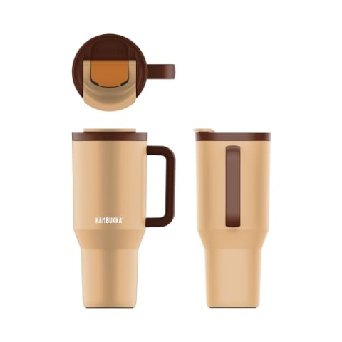 KAMBUKKA Thermobecher für Reisen, 900 ml, Beige und Braun, mit Deckel und Griff