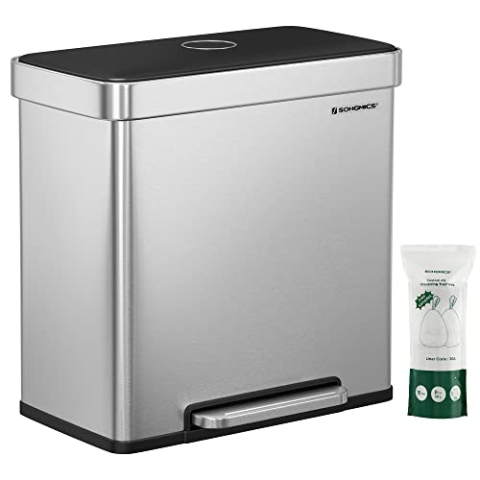 SONGMICS Mülleimer Küche, 2 x 30L, Mülltrennsystem, 2 Fächer, 15 Müllsäcke, Abfalleimer aus Edelstahl, Inneneimer aus Kunststoff, mit Deckel, Softclose, 58 x 31,5 x 59 cm, silbern LTB202E01