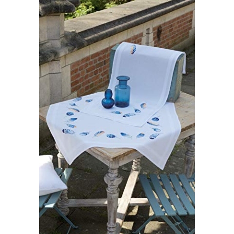 Vervaco Stickpackung Tischdecke Sticken Set Erwachsene Vorgedruckt Blaue Federn Stickdecken Vorgezeichnet Decke Sticken Stickpackung Plattstich 80 x 80 cm Stoff zum Sticken Kreatives Geschenk