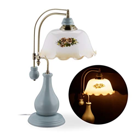 Relaxdays Tischlampe, Vintage Blumenmuster, Landhaus Stil, E27, Holz, Glas, Tischleuchte, HBT 56 x 36 x 28 cm, weiß/grau