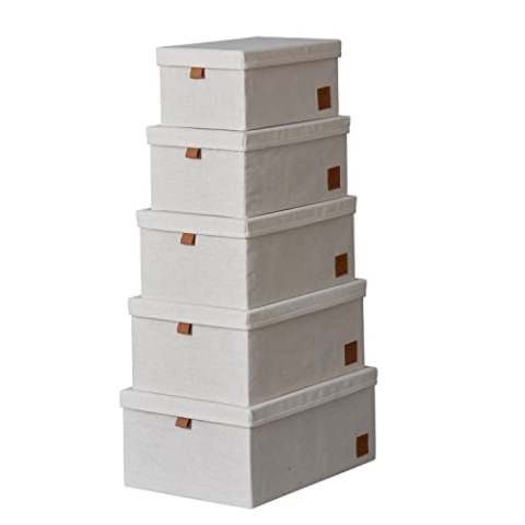 LOVE IT STORE IT Premium Aufbewahrungsboxen mit Deckel 5-teilig - Boxen-Set aus Baumwoll-Leinen Stoff - Verstärkt mit Holz, sehr stabil - Beige - 5 verschiedene Größen