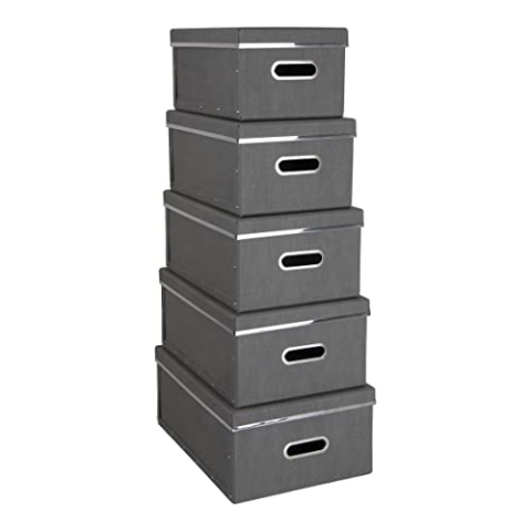 BIGSO JOACHIM 5er-Set Aufbewahrungsboxen für das Schlaf-, Kinder- oder Arbeitszimmer – Ordnungsbox mit Deckel – Aufbewahrungskisten aus Faserplatte und Papier in Leinenoptik – grau