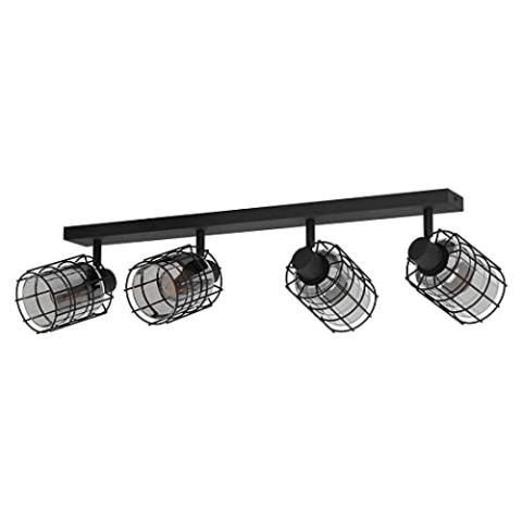 EGLO Deckenlampe Consaca, 4 flammige Deckenleuchte, industrial, Deckenstrahler aus Metall, Rauchglas, Wohnzimmerlampe in Schwarz, Schwarz-Transparent, Spots mit E27 Fassung