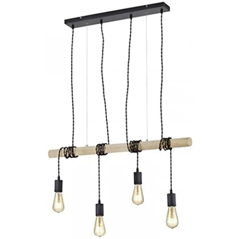 Reality Leuchten Pendelleuchte Brody R30244032, Metall schwarz matt, Holz natur, exkl. 4x E14