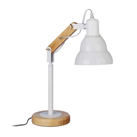 Relaxdays, Natur/weiß Tischlampe verstellbar, Design, Flügelmuttern, runder Standfuß, Holz, Metall, Glasschirm 13,5 cm, Standard