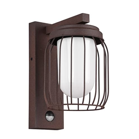 Trio Leuchten Außen Wandleuchte Tuela 210869142, Aluminium Druckguss rostfarbig, Glas weiß, exklusiv 1x E27, Bewegungssensor