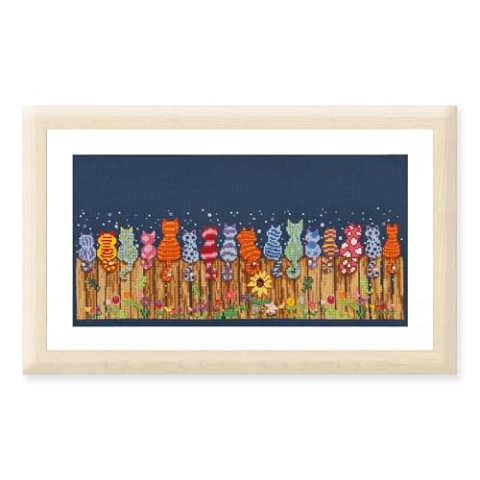 VERVACO Kreuzstich Stickpackungen Gezählter Kreuzstichbilder Set KATZEN AM ZAUN Wanddekoration Handarbeit Set für Erwachsene ca. 31 x 11 cm DIY Deko Bastelset Handwerker Kreative Geschenkset