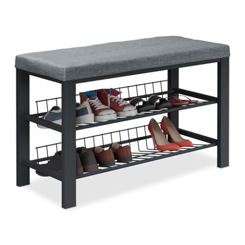 Relaxdays Schuhbank, Polsterbank mit Schuhablage, 2 Ebenen für Schuhe, HBT: 50,5x82x33 cm, Stoff & Metall, grau/schwarz