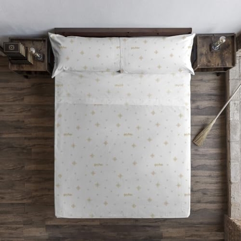 Belum Harry Potter Bettwäsche-Set, mit Kissen und Spannbettlaken, Bedruckt, 100% Baumwolle, Modell HPotter Stars Gold, für Betten von 150/160 cm
