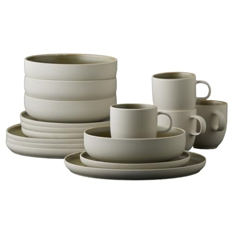 Studio Round North Geschirrset 4 Personen, Steingut Geschirr Set, 16-Teilig, Tafelservice Steingut im Dänischen Design, Spülmaschinengeeignet & Mikrowellengeeignet, Moss