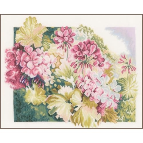 Lanarte Kreuzstich Stickpackungen Gezählter Kreuzstichbilder Set GERANIEN Wanddekoration Handarbeit Set für Erwachsene 49 x 41 cm DIY Deko Bastelset Handwerker Kreative Geschenkset