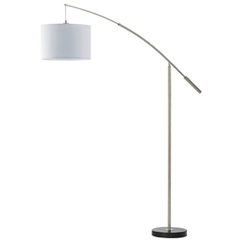 EGLO Stehlampe Nadina, Standleuchte aus Metall und Textil, Bogenlampe in Nickel-Matt und Weiß, Wohnzimmerlampe, Lampe mit Tritt-Schalter, Stofflampe mit E27 Fassung