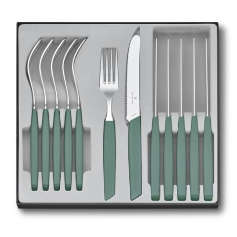 Victorinox Modern Besteckset, 12-teilig, 6 Gabeln, 6 Tafelmesser, Extra Scharfe Klinge, Spülmaschinenfest, Sage