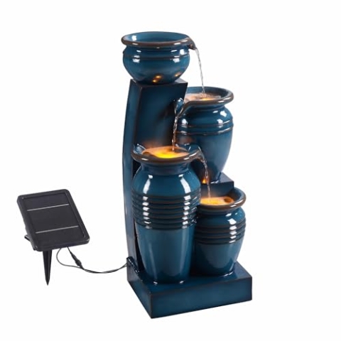 Teamson Home 28,74" 4-stufiger Kaskadierender Schalen Solarbetriebener Wasserbrunnen für Außenbereiche, Blau