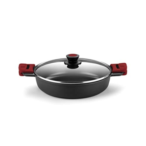 BRA Premiere | Niedriger Schmortopf 32 cm, Aluminiumguss, dreischichtig, verstärkte Antihaftbeschichtung, 2 abnehmbare Silikongriffe, für alle Herdarten einschließlich Induktion geeignet, rote Farbe