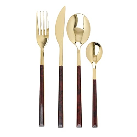 Mikasa Besteck Set, Goldfarbenes Essbesteck aus Schildplattimitat und Edelstahl Edelstahl, Gabeln, Messer und Löffel - 16er Set