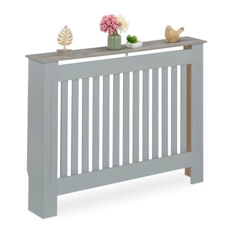 Relaxdays Heizkörperverkleidung, Lamellen, HBT 83x112x19 cm, für alte Heizkörper, Heizungsabdeckung mit Regal, MDF, grau, L