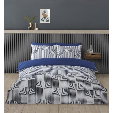 Rapport home Bettwäsche-Set für Doppelbett – Premium Polycotton 3-teilige Bettwäsche mit blauen und weißen Bögen, geometrisches Design, minimalistischer bügelfreier Stoff und Druckknopfverschluss