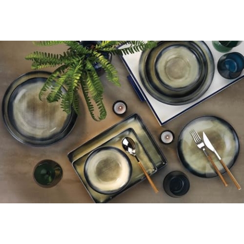 Elegant 26-Piece Dinner Set, 100% Porcelain, Dark Blue & Brown | Includes Plates, Bowls, Platters | Dishwasher & Microwave Safe | Perfect for Entertaining