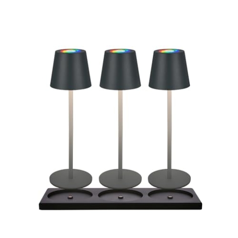 BRILONER - 3er Set RGBW LED Tischlampe kabellos IP44 mit Ladestation, stufenlos dimmbar, Akku & Lichtquelle tauschbar, Nachttischlampe, Dekolampe, Akku Tischleuchte, Restaurant, 36x12 cm, Anthrazit