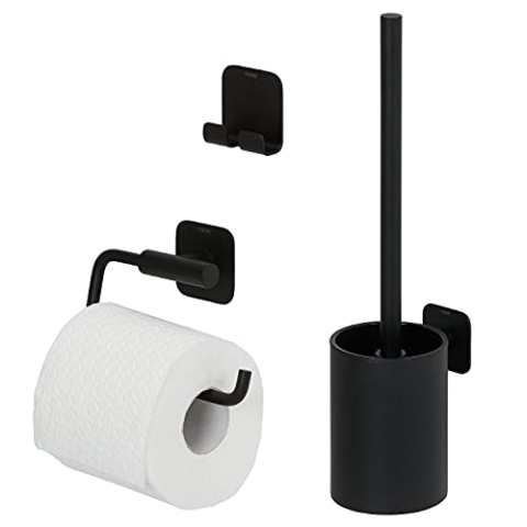 Tiger Colar Badaccessoire-Set, 3-teilig, bestehend aus Toilettenpapierhalter zur Wandmontage, Haken und WC-Bürste, Montage ohne Bohren dank integrierter Klebefolie, Edelstahl, Schwarz