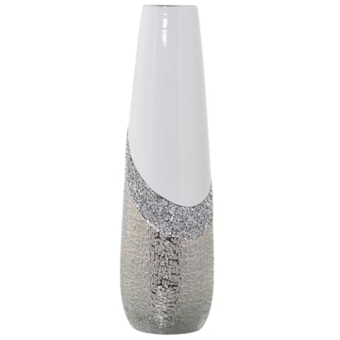 Alexandra House Living Vase, Weiß, Silber, Keramik, glänzend, 13 x 13 x 45 cm