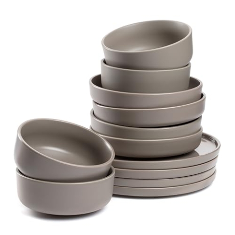 LEONARDO HOME Geschirrset ROMA 12-teilig • Tafel-Service für 4 Personen • je 4 Teller Ø 22 cm, Teller Ø 27 cm und Teller Ø 20 cm • Mikrowellen- & Spülmaschinengeeignet • stapelbar • taupe • 027927