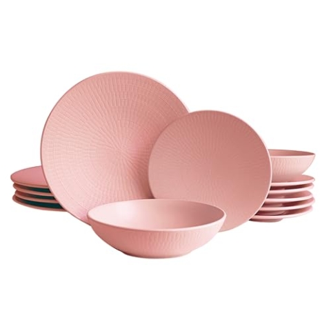 ECHTWERK 12-teiliges Vintage Tafelservice, "Blanka" Nature-Design, für 4 Personen, Stilvolles Geschirrset mit Struktur aus Steingut mit 4 x Speiseteller, 4 x Beilagenteller, 4 x Suppenteller, Rosa
