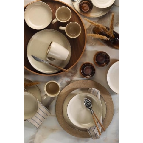 Elegant 16-Piece Dinner Set, 100% Porcelain, Cream Color | Includes 4 Service Plates (24cm), Plates (20cm), Bowls (15cm), Mugs | Dishwasher & Microwave Safe