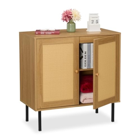 Relaxdays Kommode, 2 Türen, 2 Fächer, Rattan-& Holzoptik, 80 x 80 x 40 cm, Wohnzimmer, Küche, Sideboard, Natur/schwarz