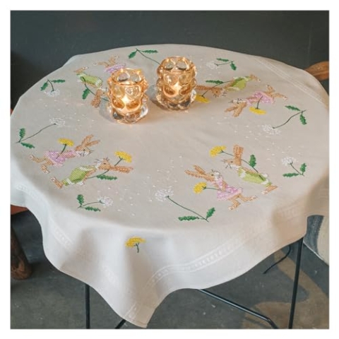 VERVACO Kreuzstich Stickpackungen Tischdecke Osterhasen Stickdecken Vorgezeichnet Basteln Erwachsene Kreativ Set Vorgedruckte Decke Sticken 80 x 80 cm Stickset DIY Sticken Set
