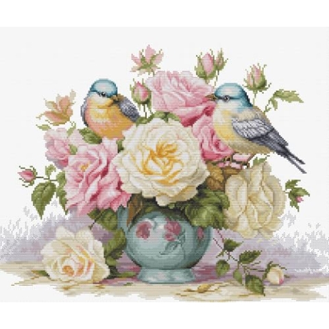 Luca-S Kreuzstich Stickpackung Vase mit Rosen und Vögel, Zählmuster