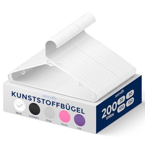 SereneLife Kleiderbügel Weiß, 200 Stück für Kleideraufbewahrung & Organisation, Platzsparende Kleiderbügel Plastik, rutschfeste Bügel Hanger Ultradünn & Robust für Kleider, Hosen, Jacken & Krawatten
