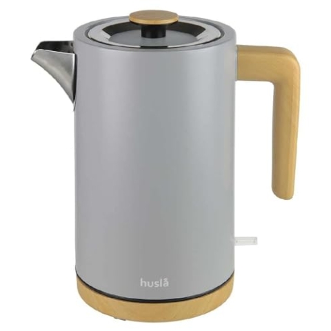 Husla73904 Electric Kettle 1.5 liters, Stainless Steel heating elements, Wood-like handlel, Gray