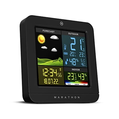 Marathon Wetterstation mit Außensensor, kabellos, mit Außensensor, Wettervorhersage und Luftfeuchtigkeit innen und außen, Anzeige von Min-Max des Tages, Funkzeit