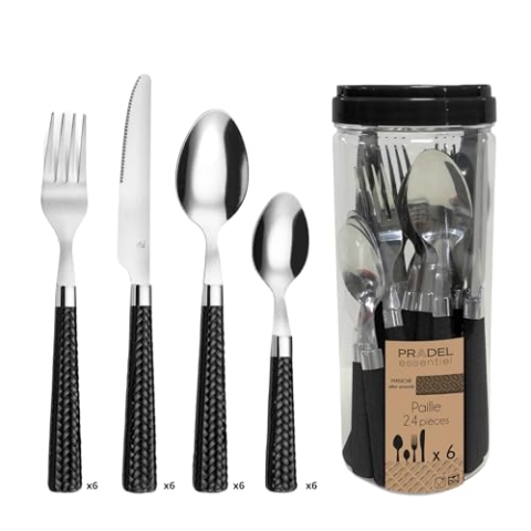 Amefa PAILLE Besteck Set 6 Personen | Essbesteck 24-teilig | schwarze Griffe im Flechtdesign | Besteck Set 18/0 Edelstahl | Besteckset spülmaschinenfest | je 6x Gabel, Messer, Löffel & Kaffeelöffel