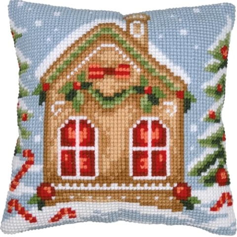 VERVACO Kreuzstich Stickpackungen Kissen Stickerei Set Anfänger Vorgedruckt Gingerbreadhouse DIY Set Kreativ Set Für Erwachsene Dekoratives Kissen ca. 40 x 40 cm Bastelset Handwerker Haus Dekoration