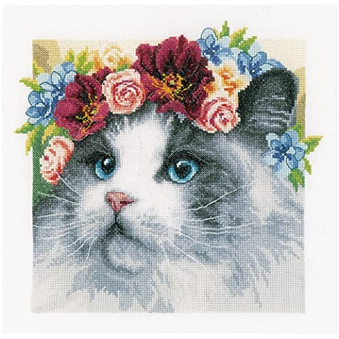 Lanarte Kreuzstich Stickpackungen Gezählter Kreuzstichbilder Set RAGDOLL MIT BLUMENKRANZ Wanddekoration Handarbeit Set für Erwachsene 29 x 29 cm DIY Deko Bastelset Handwerker Kreative Geschenkset
