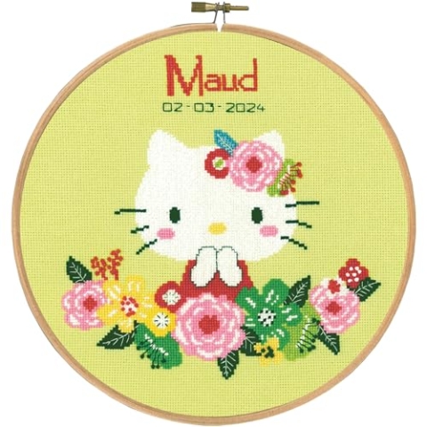 VERVACO Gezählter Kreuzstich Stickpackungen mit Stickrahmen Stickset Baby Geburt Hello Kitty Green Floral Wanddekoration Handarbeit Set für Erwachsene ca. 20 x 20 cm Geburt Geschenk Hausdeko