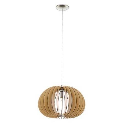 EGLO Pendelleuchte Cossano, 1 flammige Hängelampe Vintage, Hängeleuchte aus Stahl und Holz in Nickel-Matt, Ahorn, Esstischlampe, Wohnzimmerlampe hängend mit E27 Fassung, Ø 45 cm