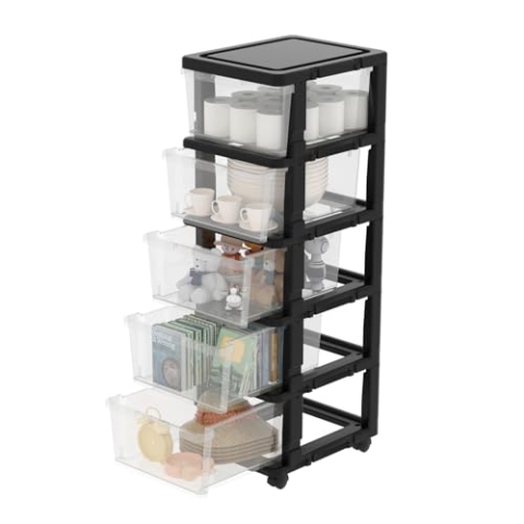 Cetomo Clearview Kunststoff 5 Aufbewahrungsschubladen, Aufbewahrungsschubladenwagen mit 4 Rollen für Zuhause, Schrank, Schlafzimmer, Bad, Büro, Waschküche, Küche und Schulschlafsaal, schwarz, 1er Set