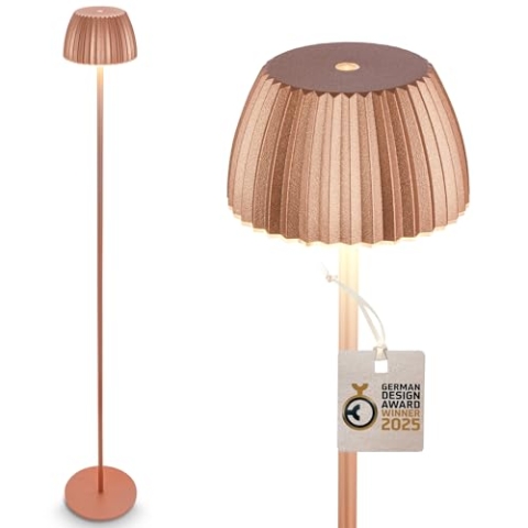 BRILONER - Riffle LED Stehlampe kabellos IP44 mit Touch, 19x124 cm, dimmbar, Memoryfunktion, Akku tauschbar, Akku Stehleuchte, Wohnzimmerlampe, German Design Award Winner 2025, Kupferfarben