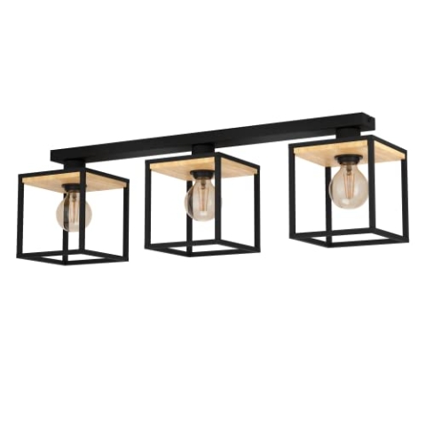 EGLO Deckenleuchte Libertad, 3-flammige Deckenlampe, Wohnzimmerlampe Decke aus Metall in Schwarz und Holz in Natur, Deckenbeleuchtung mit E27 Fassung